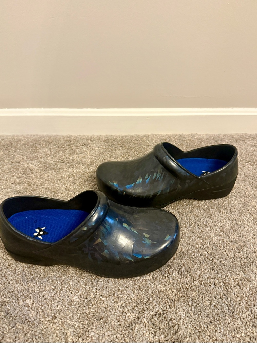Anywear Brand Navy Slip-On Clogs with Unique Iridescent Holographic Pattern